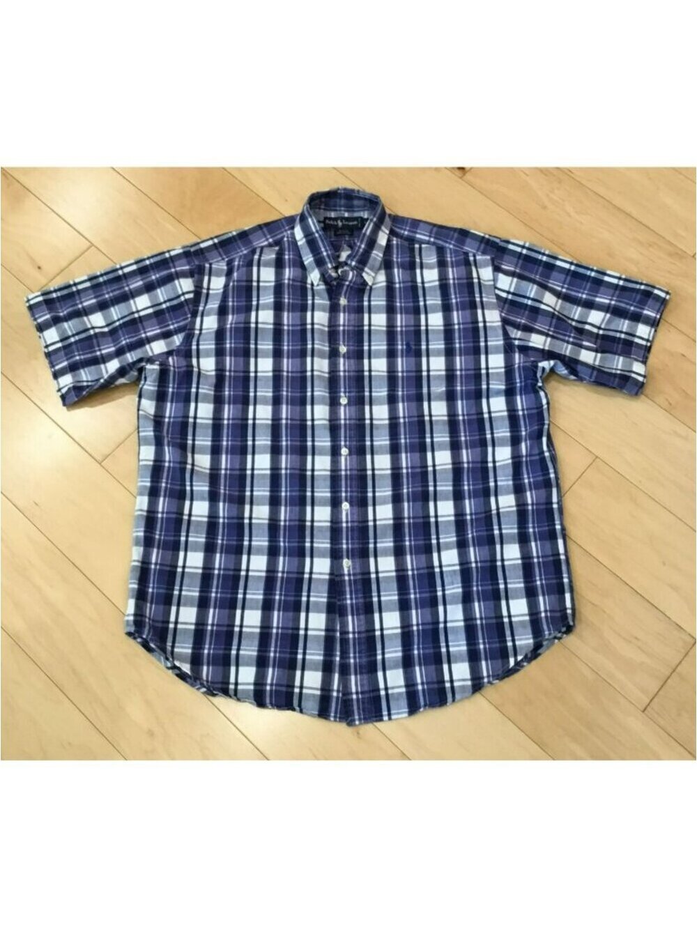 Ralph Lauren Men's Blue & White Plaid Cotton Short Sleeve Button Up Sz. Large